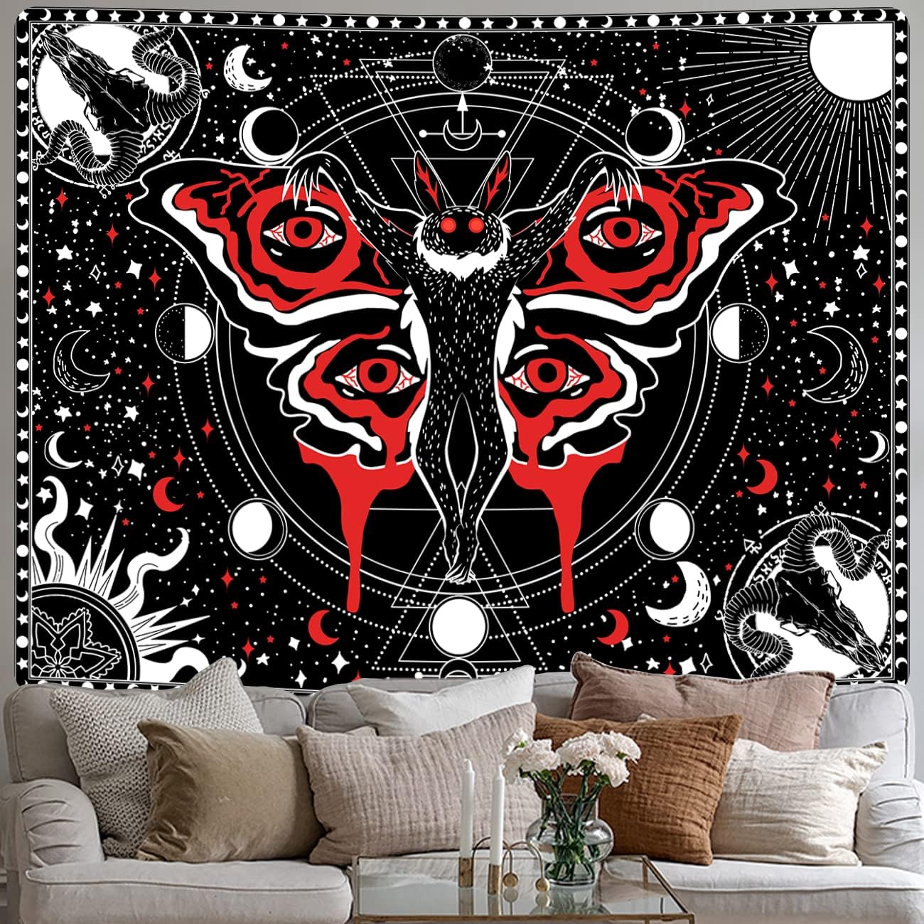 Tapestries - LZBXBXDA Mothman Tapestry Skull Tapestry Gothic Tapestry Black Red Tapestry Black Moon Phases Tapestry for Bedroom Living Room Home Decor