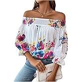 SweatyRocks Women's Off The Shoulder Floral Print Ruffle 3/4 Length Sleeve Boho Summer Blouses