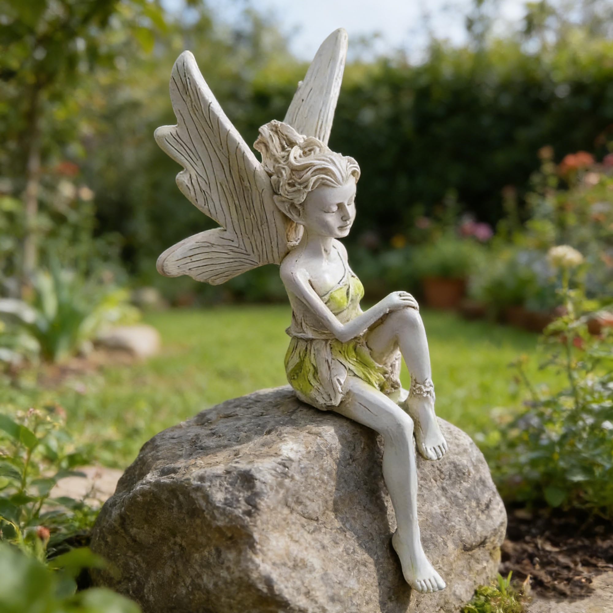 MINGZE Fairy Garden Statue, Outdoor Sitting Magic Elf Bird House Ornaments Winged Angel Fairies Sculpture Resin Figurine for Patio Yard Porch Christmas Landscape Home Decoration - Style 3