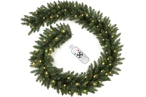 INSTREE CHRISTMAS 9FT Pre-Lit Artificial Christmas Garland with Dual Color LED Lights and Timer by Remote Control and Batteries Operated, Holiday Decorations, for Indoor Door Home Stairs Fireplaces Wall