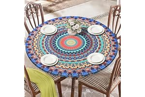 Alynsehom Round Tablecloth with Elastic Edge Outdoor Round Fitted Vinyl Table Cloth 36-44” Waterproof Wipeable Boho Table Cov