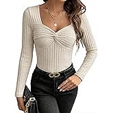 QIANZHIDU Women's Rib Knit Sweetheart Neck Knot Twist Front Long Sleeve Blouse Shirt Top
