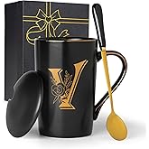 Jmugmt Letter V Personalized Initial Mugs with Flower, Letter V Personalized Coffee Mug, Customized Cool Letters Mugs for Women, Bridal Shower Gifts, Women's Initials Gifts Mug 14 OZ Matte Black
