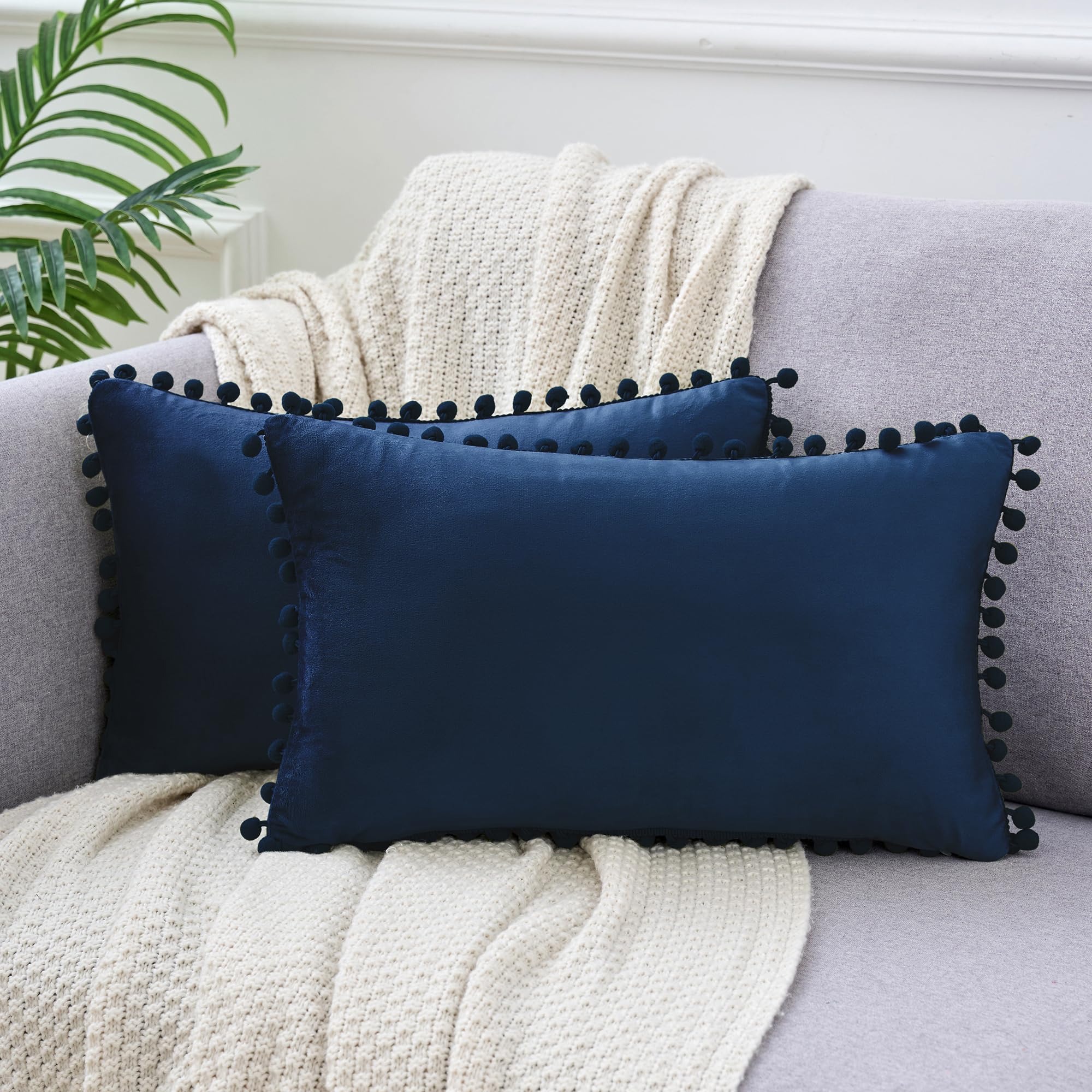 Uxcell Pack of 2 Velvet Throw Pillow Covers with Pompoms Decorative Pillow Cases Fringe Cushion Covers Velvet Square Sham for Farmhouse Bedroom Living Room Dark Blue 30 x 50 cm