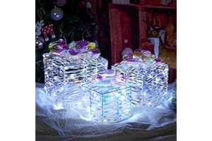 BSTGE Christmas Decorations, Set of 3 Christmas Lighted Gift Boxes, Light up Iridescent Xmas Present Ornament for Tree, Battery Operated Cold White LED Yard Porch Holiday Indoor Outdoor Decoration