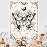 Gruaoihy Boho Beige White Butterfly Tapestry, Aesthetic Moon Wall Hanging for Bedroom Living Room Vertical Decor, 36x48 inches
