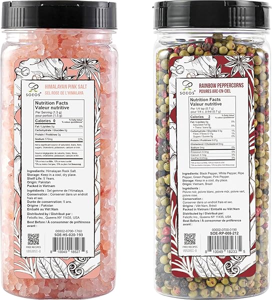 SOEOS HIMALAYAN PINK SALT AND RAINBOW PEPPERCORN GRINDER REFILLS, 18OZ SALT & 8OZ PEPPERCORNS, KOSHER SEASONING SET FOR COOKING