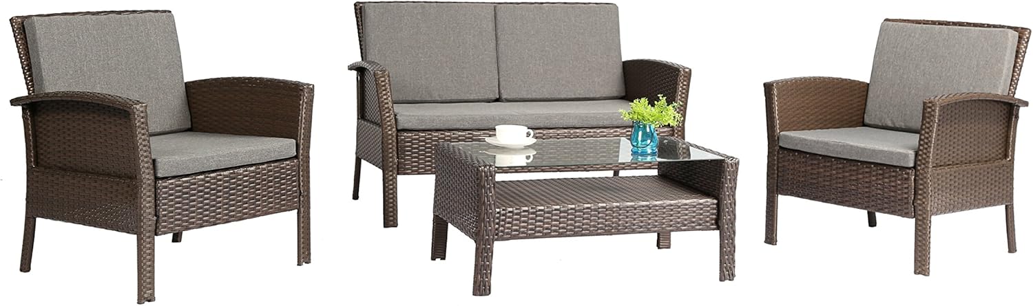 Amazon Com Baner Garden 4 Pieces Outdoor Furniture Complete Patio Cushion Wicker Rattan Garden Set Full Brown Furniture Decor