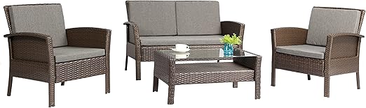 Amazon Com Baner Garden 4 Pieces Outdoor Furniture Complete Patio Cushion Wicker Rattan Garden Set Full Brown Furniture Decor