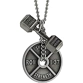 Shields of Strength Men's Christian Fitness Necklace with Romans 8:37 & Luke 1:37, Stainless Steel Dumbbell, 18-30" Chain, Faith Gift