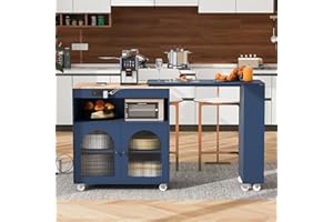 HARPER & BRIGHT DESIGNS K&K Rolling Kitchen Island with Extended Table, LED Lights, Power Outlets, 2 Glass Doors, Storage & Open Shelves, Navy