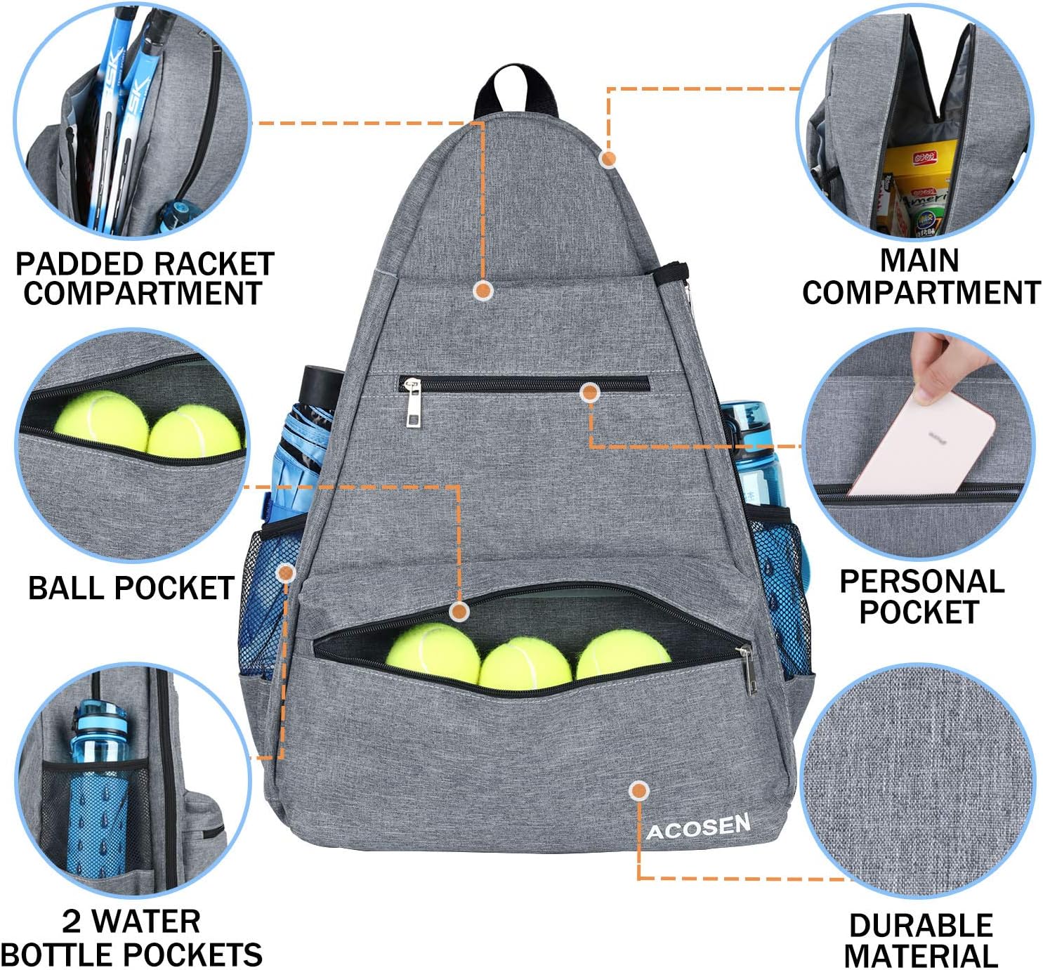 ACOSEN Tennis Bag Tennis Backpack - Large Tennis Bags for Women and Men to Hold Tennis Racket, Pickleball Paddles, Badminton Racquet, Squash Racquet, Balls and Other Accessories (Gray) : Sports & Outdoors