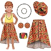 Kuscul 6 Pcs African Clothes Dashiki Skirt Casual Stretch Head Wrap Dangle Earring Necklace Bracelet Rasta Beaded Bracelet