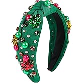 Gmmidea Christmas Jeweled Headbands for Women Girls Christmas Outfits Accessories Xmas Bow Rhinestone Pearl Knotted Headband Red Green Wide Top Knot Hairband Fancy Holiday Gifts