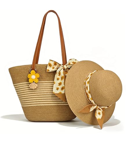 Amazon.com: Jiuguva Straw Beach Bags and Beach Hat Set for  display picture 1