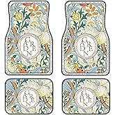 Artistic Fabric Car Floor Mats-Non-Slip Rubber Backing,Vintage Flowers,Front & Rear Set-Water Absorbing, Durable Automotive Floor Mat Rug Liners with Stylish Patterns