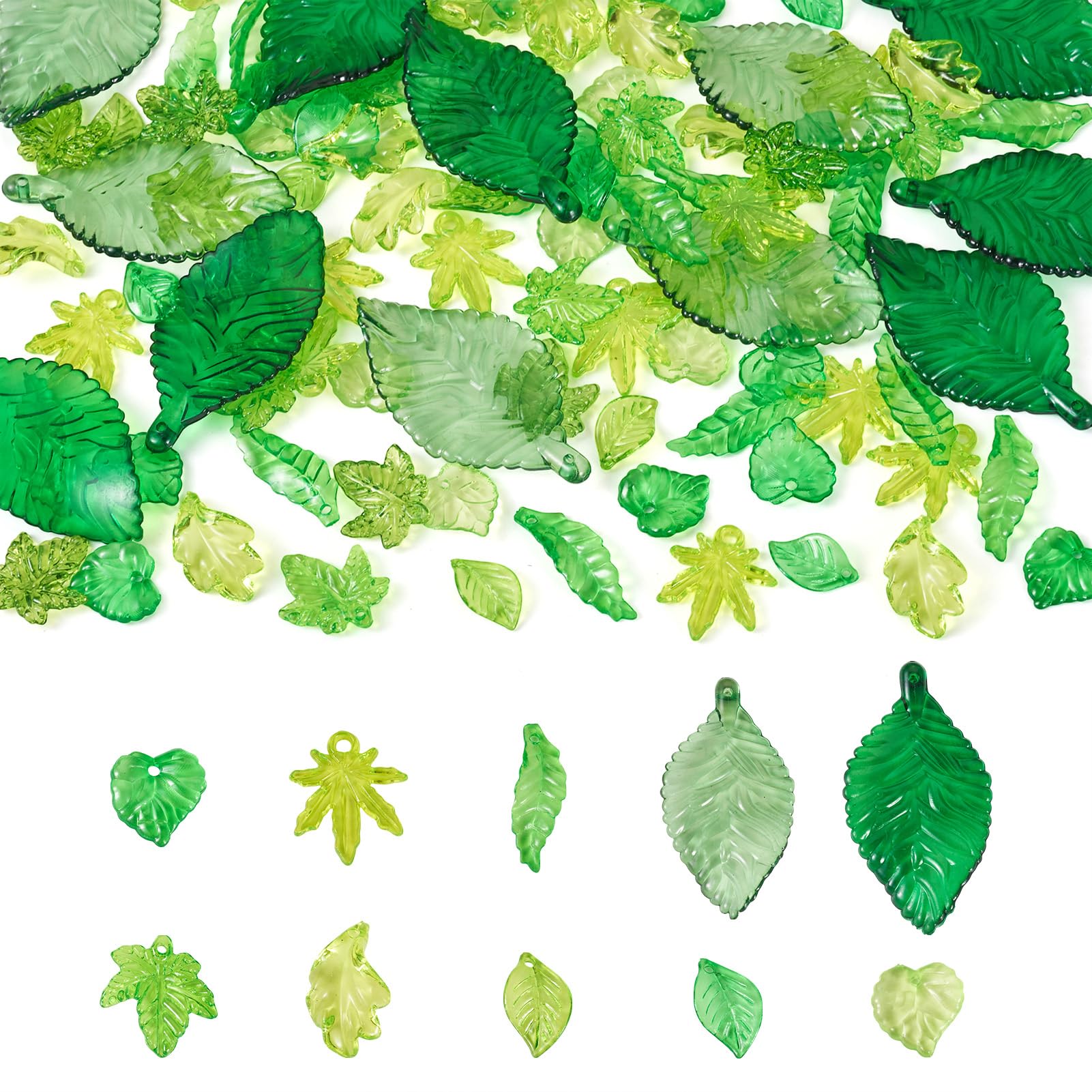 PandaHall 96pcs Transparent Acrylic Leaf Pendants Green Leaves Flower Bead for Vegetable Fruit Theme Jewelry Making