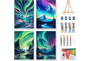 4 Pack Frame Paint by Numbers Adult Kit with Wooden Easel, Aurora Paint by Number for Beginner, Starry Sky Oil Painting by Nu