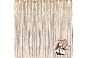 FERWZSR 3 Pack Champagne Gold Foil Fringe Curtain Backdrop, 3.28Ft x 8.2Ft Metallic Tinsel Foil Fringe Streamer Curtains for Photo Booth, Christmas Day, Thanksgiving, Wedding, New Year Party Decorations