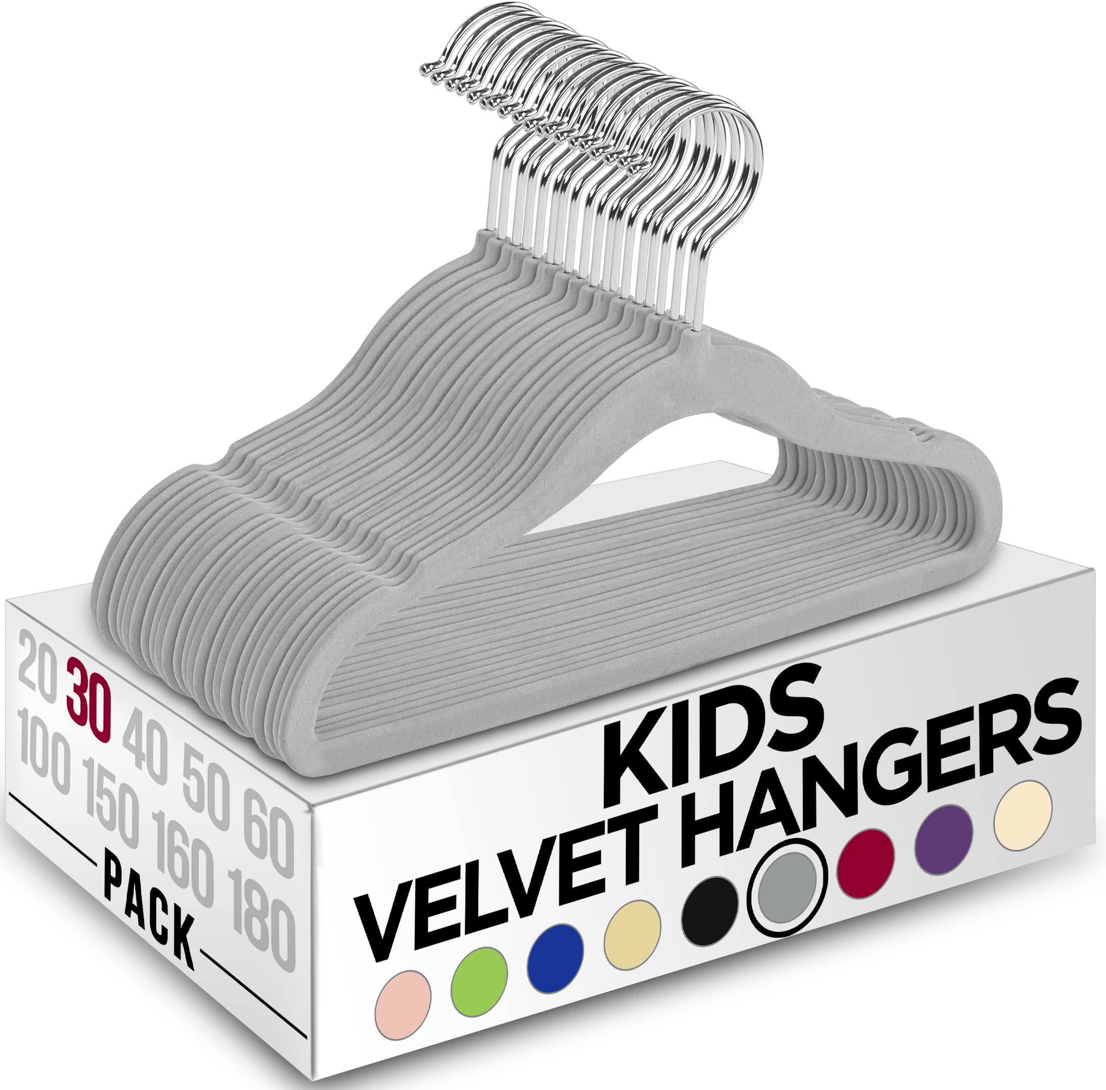 Utopia Home Velvet Kids Hangers for Clothes (Pack of 30) - Non-Slip and Sturdy Baby and Children’s Hangers - Space Saving (Grey)
