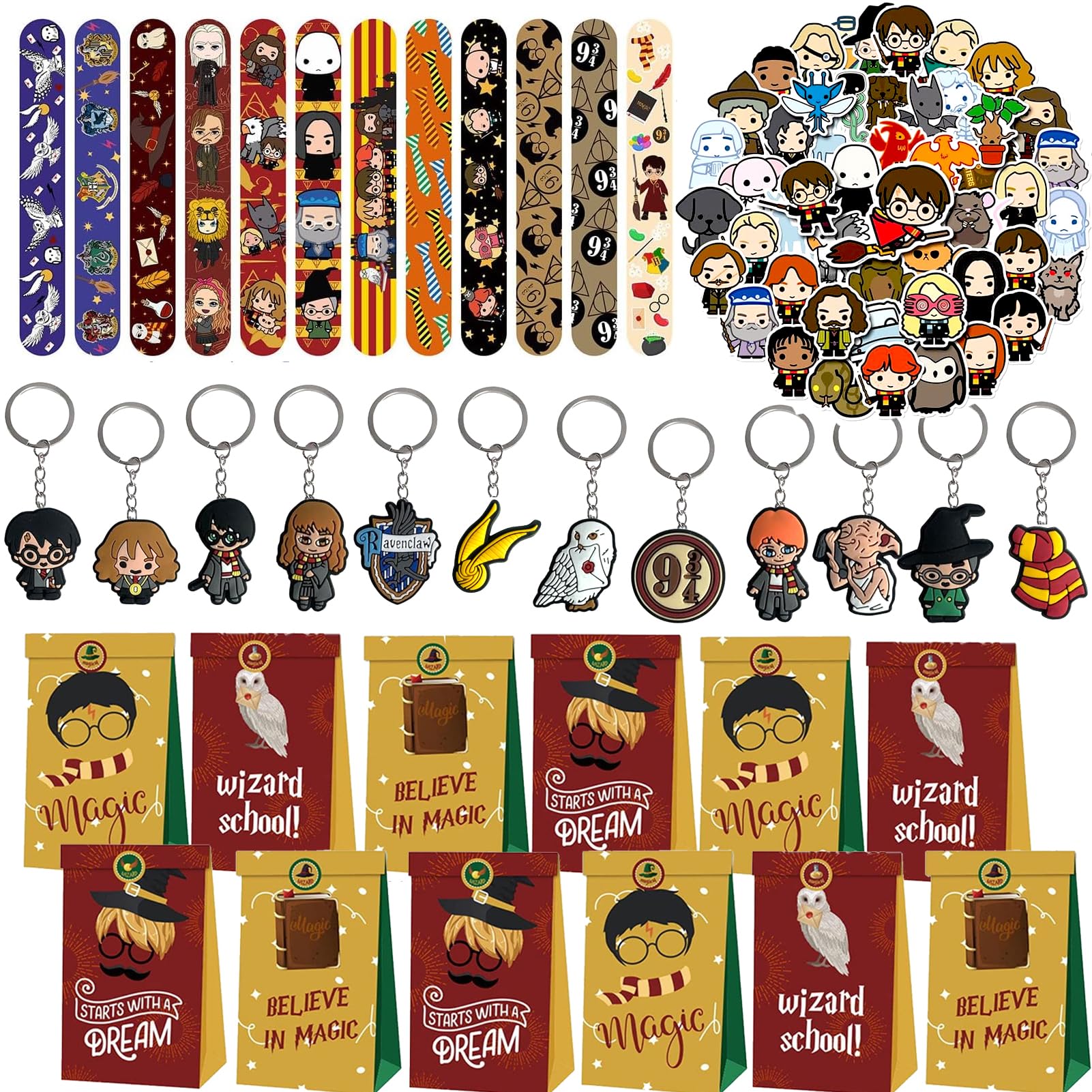 Yisound123 86 piece party bag filler set Wizard Party Bag Fillers, Magical Party Favours 12pcs Keychain 12 Party Bags 50 Stickers 12 Slapbands Party Supplies Goodie Bag Fillers for