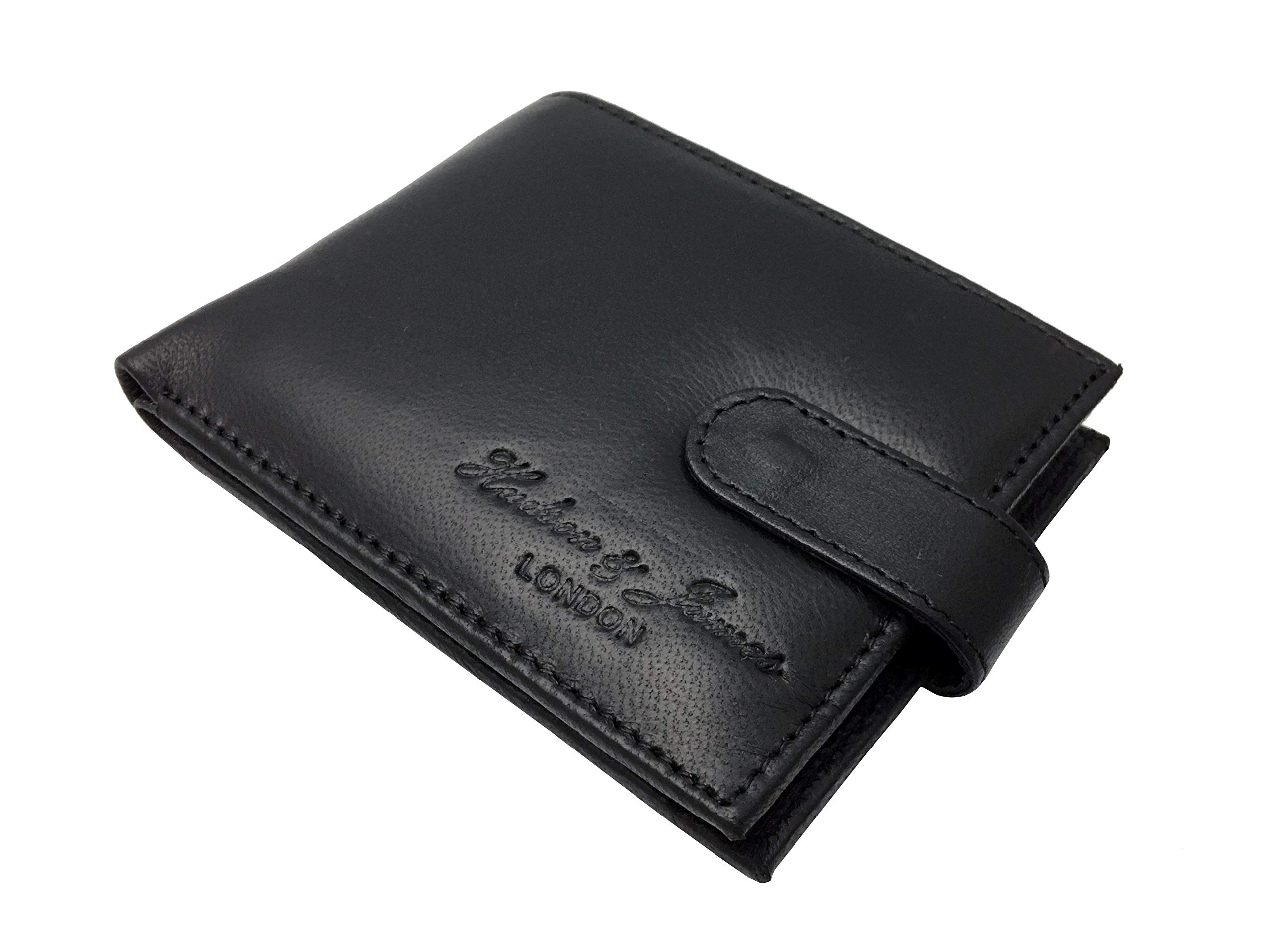 Hudson & James Designer London Real Leather Mens Wallet Credit Carder Holder Bifold Purse with Gift Box (Black - Style 2)