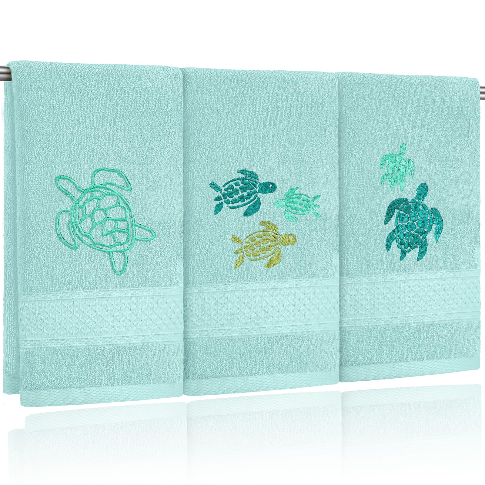 Photo 1 of Hahafelt 3 Pack Sea Turtle Coastal Hand Towels for Bathroom 100% Cotton Embroidered Beach Bathroom Towels 13.78 x 29.53 Inch Soft Absorbent (Green, Sea Turtles)