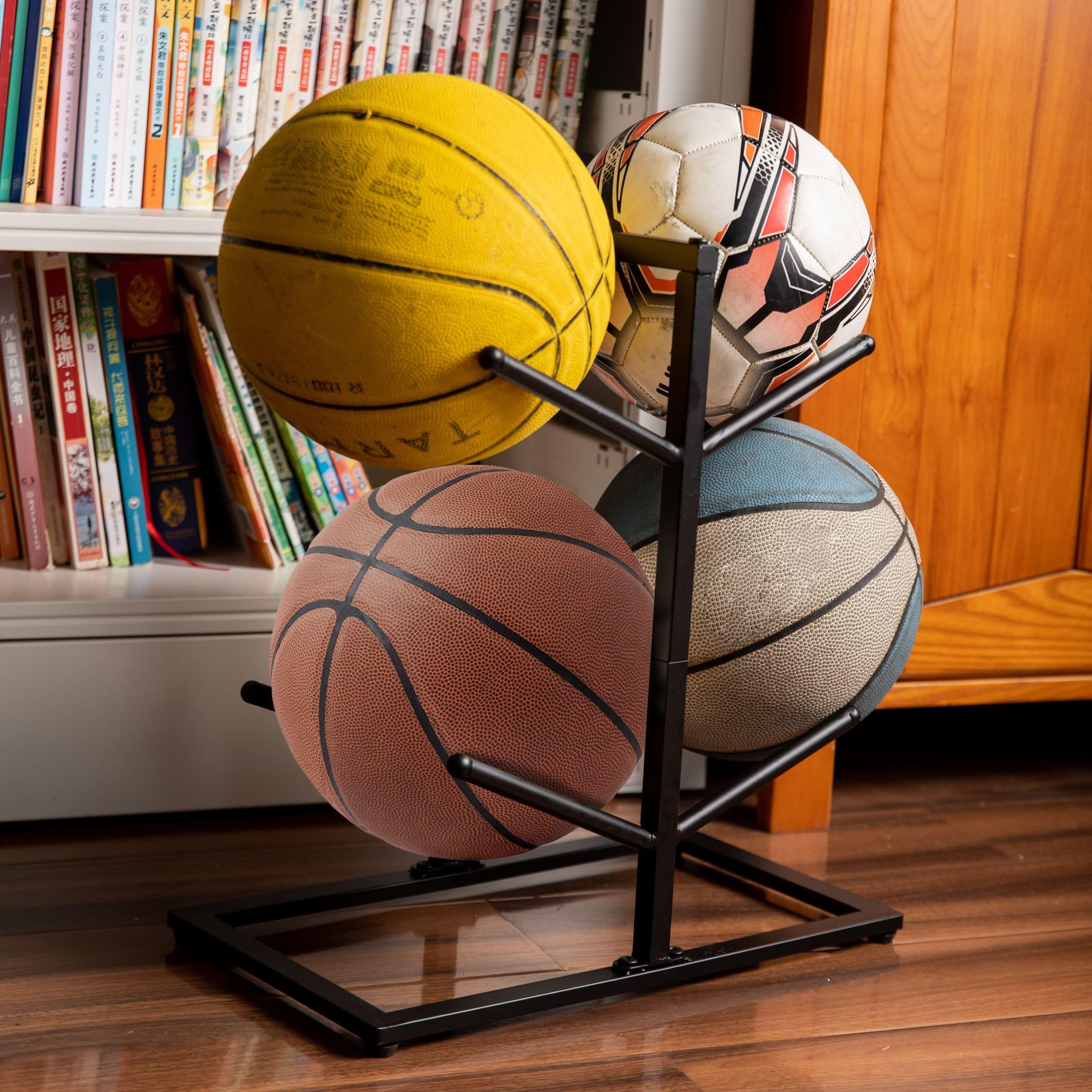 Photo 1 of GENMOUS Double Side Metal Basketball Holder, 4-Ball Basketball Rack, Ball Rack Display Stand for Basketball Football Volleyball Storage, Ball Holder Sports Decor for Home Indoor Outdoor Ball Storage