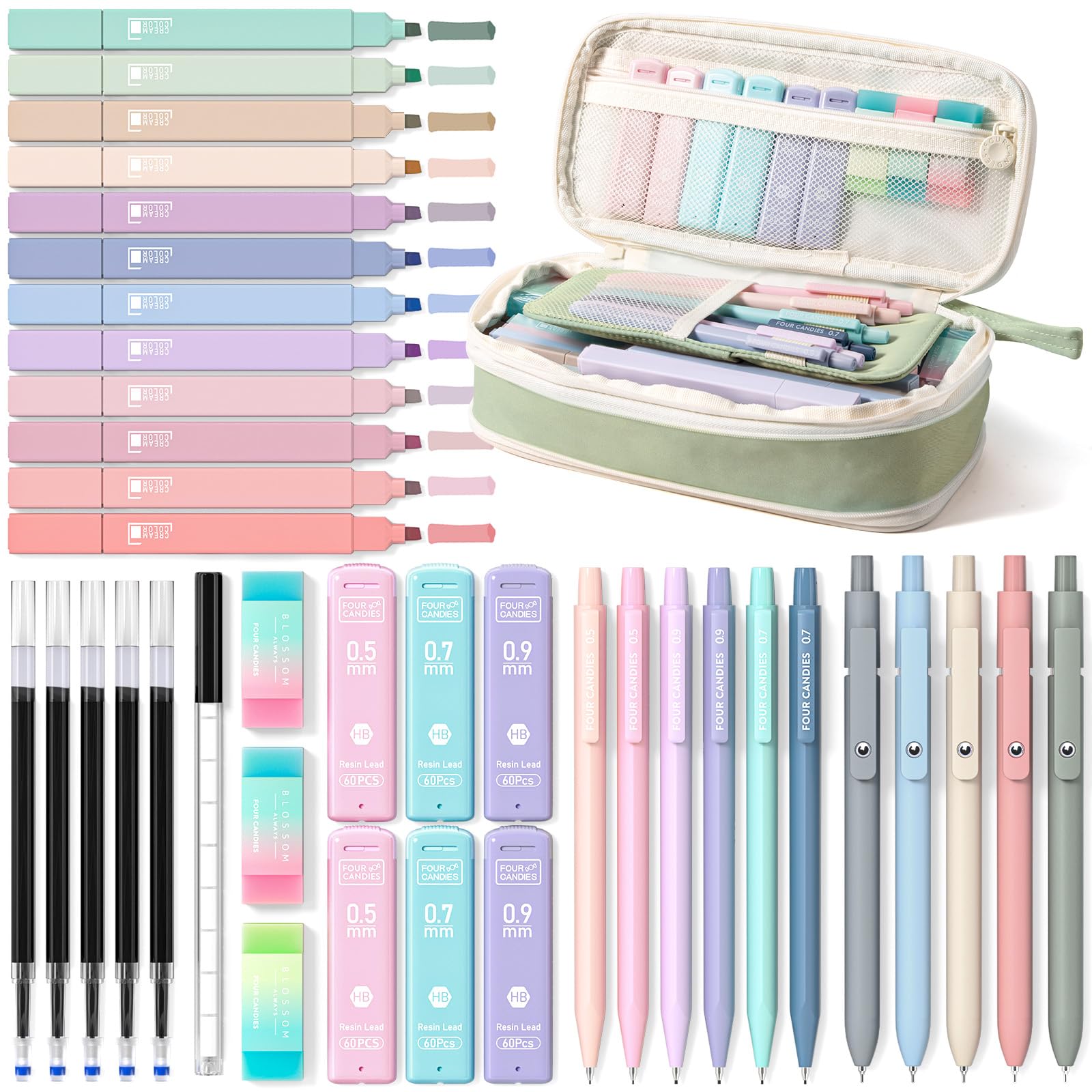 Four Candies 39 PCS Aesthetic School Supplies with Cute Pencil Case, 12 Pastel Highlighters, 5 Black Ink Gel Pens, 6 Mechanical Pencils, School Stationery Set (Green)