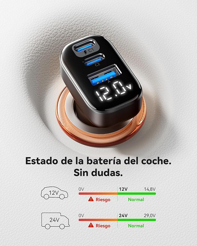 Cargador Coche Carga Rápida 90W, [Dual 45W] Cargador Mechero 3-Puertos