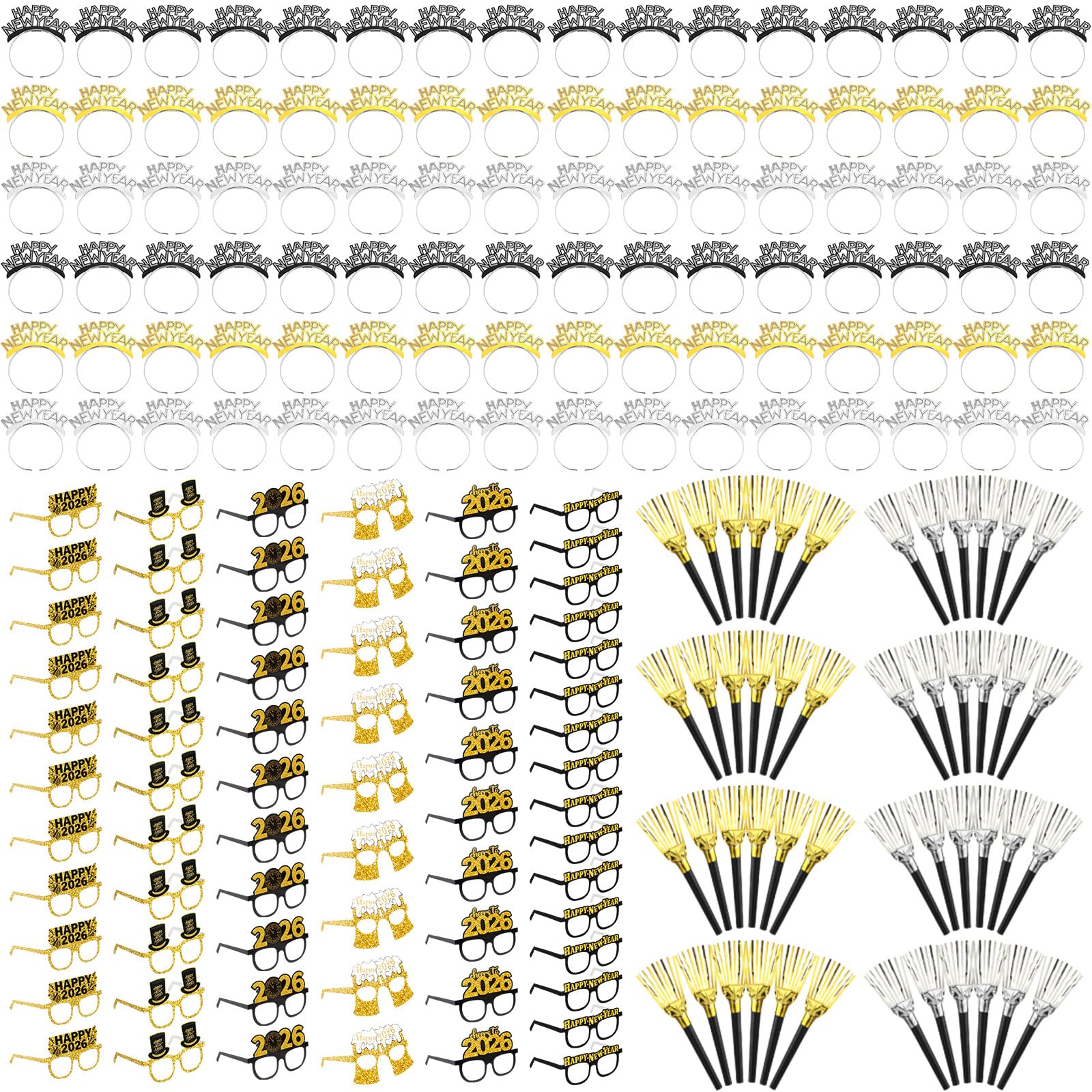 Photo 1 of Gemscream 144 Pcs 2026 New Years Eve Party Supplies Include Happy New Year Headband Glasses Long Short Fringed Noise Makers for Holiday Party Favor Gift Accessories Adult