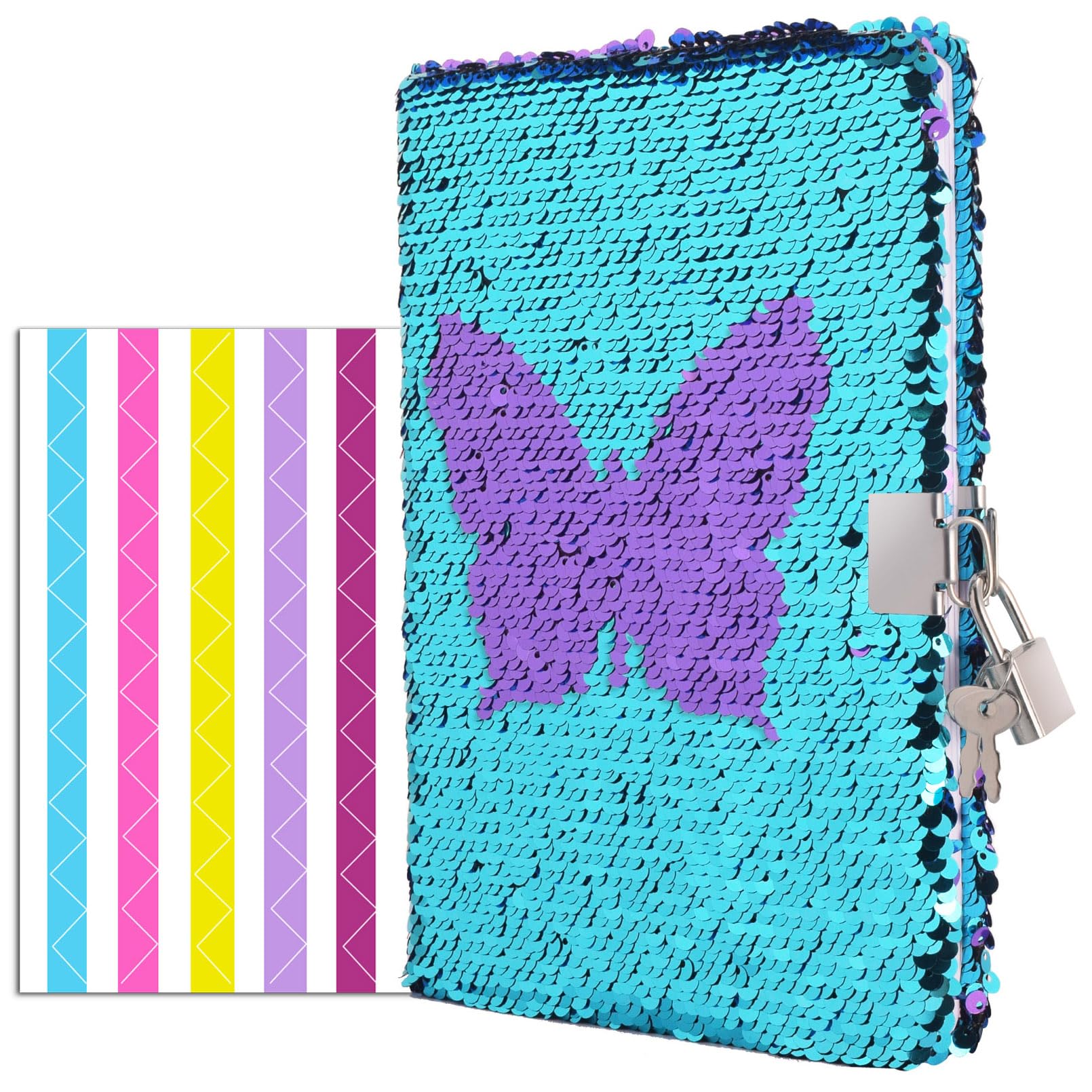 VIPbuy Magic Reversible Sequin Diary Notebook with Lock and Key Lined Travel Journal with Photo Corner for Women Girls, Size A5 (215 x140mm), 156 Pages (Butterfly Diary)