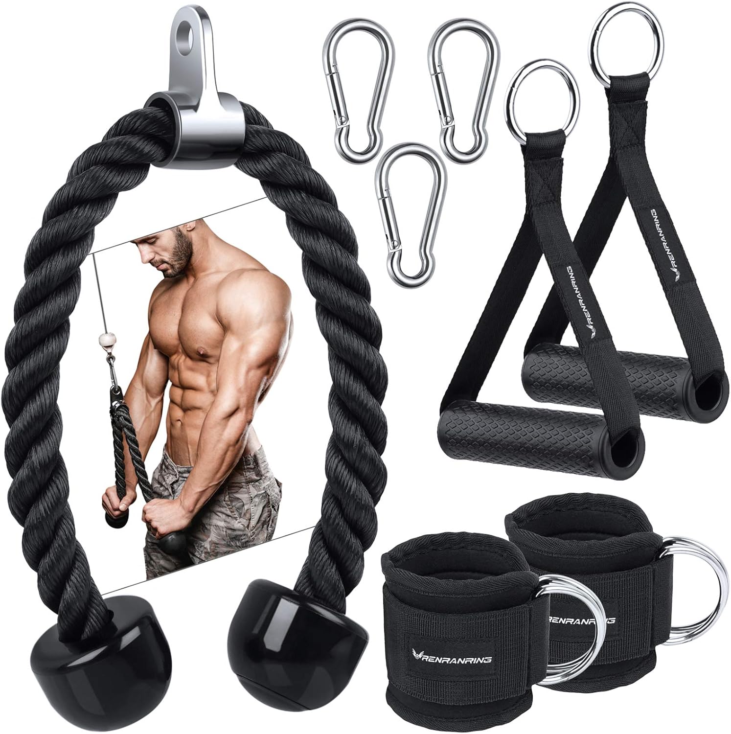 RENRANRING Tricep Rope Pull Down - Ankle Straps for Cable Machine Attachment, Triceps Pull Down Rope Machine and Exercise Bands Handles, Home Gym Accessories for Arm Strength Training Equipment