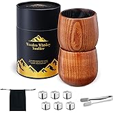 Charred Wooden Bourbon Drinking Glass, 2 Handcrafted Whiskey Tumblers | Bourbon Gifts for Men | Charred Old Fashioned Glass | Unique Whiskey Gifts for Men, Dad, or Brother - Includes 6 Metal Ice Cubes
