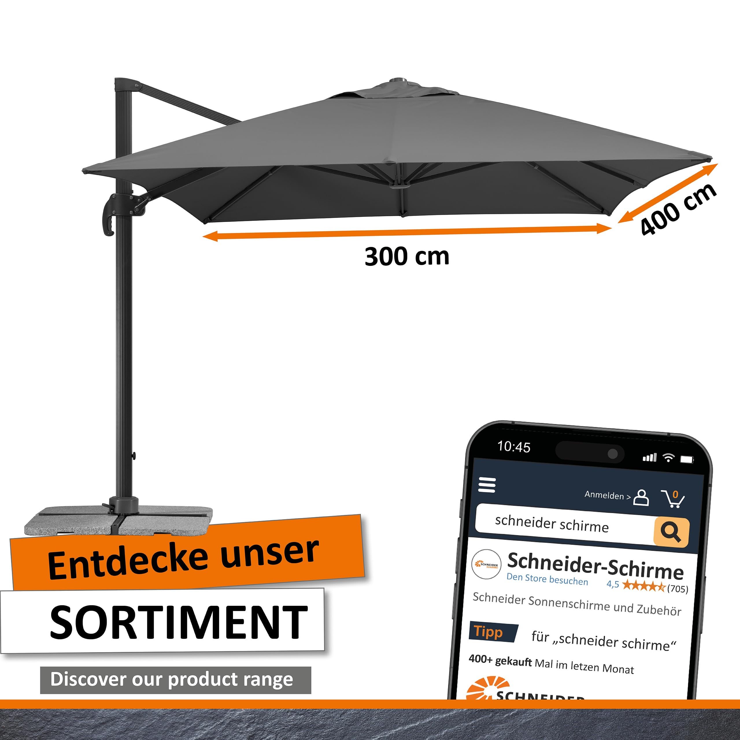 Schneider Sonnenschirm RHODOS GRANDE ca. 400 x 300 cm anthrazit, Anthracite 3