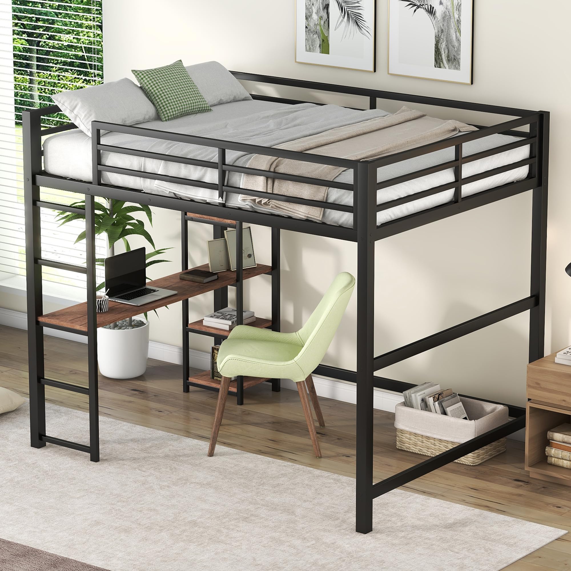 Photo 1 of **2 BOXES**Jintop Full Size Metal Loft Bed with Built-in Desk and Storage Shelves,Multifunctional Furniture Bunk Bed Frame,w/Slat Support,No Box Spring Needed,for Kids Bedroom,Student Dorms,Black