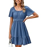 Simplee Womens Summer Dresses 2025 Mini Square Neck Casual Short Sleeve Shirred Flowy A-Line Dress with Pockets