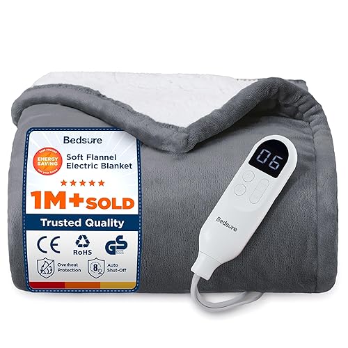 Bedsure Heated Blanket Electric Throw - Flannel Electric Blanket, Heating with 10 Time Settings, 6 Heat Settings, Overheat Protection, 130x160cm, Grey