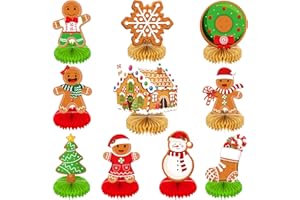 ABURRORI 10 Pieces Christmas Gingerbread Man Party Ornaments Decorations Merry Xmas Gingerbread Man Snowflake Snowman Party Honeycomb Centerpieces Christmas Party Table Toppers Double Sided Décor for Merry