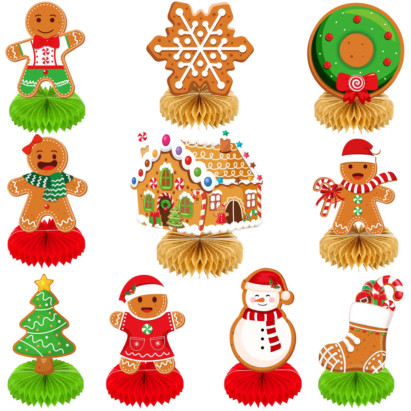 Photo 1 of 10 Pieces Christmas Gingerbread Man Party Ornaments Decorations Merry Xmas Gingerbread Man Snowflake Snowman Party Honeycomb Centerpieces Christmas Party Table Toppers Double Sided Décor for Merry