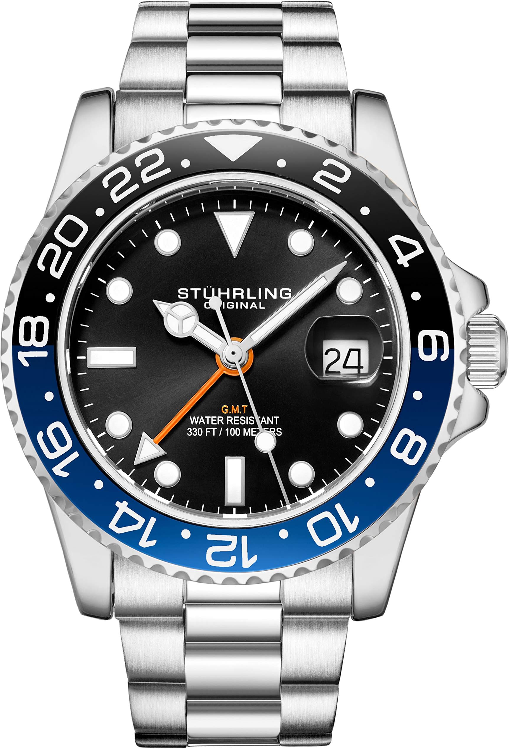 Stuhrling Original Mens Stainless Steel Triple Row Bracelet GMT Watch - Swiss Quartz, Dual Time, Quickset Date with Screw Down Crown, Water Resistant up to 10 ATM