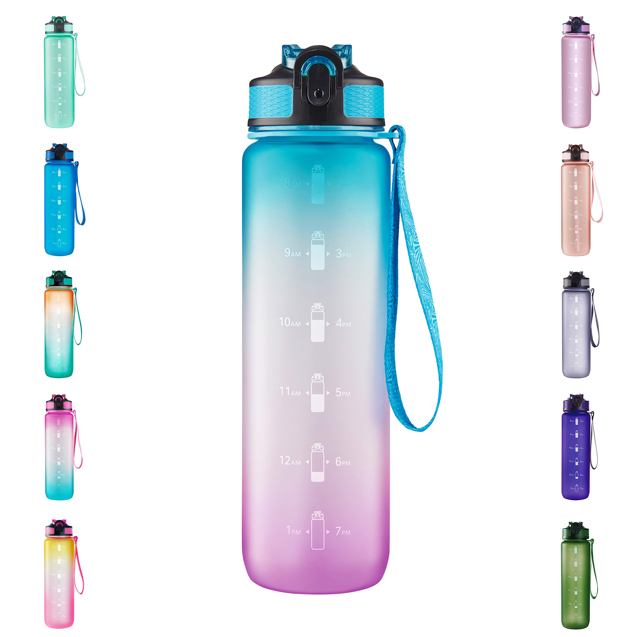 GOSWAG 32 oz Water Bottle with Straw & Time Marker, Leakproof BPA Free, Drinking Water Bottle with Hours, Carry Strap, Fits in The Cup, Backpack, Increase Water Intake of All-Day (Blue Violet)