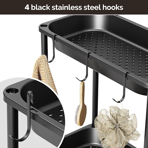 ORIMADE RUSTPROOF 3 TIER FLOOR STANDING SHOWER CADDY ORGANIZER, PLASTIC METAL SPLICING FLOOR SHELF RACK STANDS FOR BATHROOM KITCHEN,15.35 X 29.33 X 7.87’’, BLACK