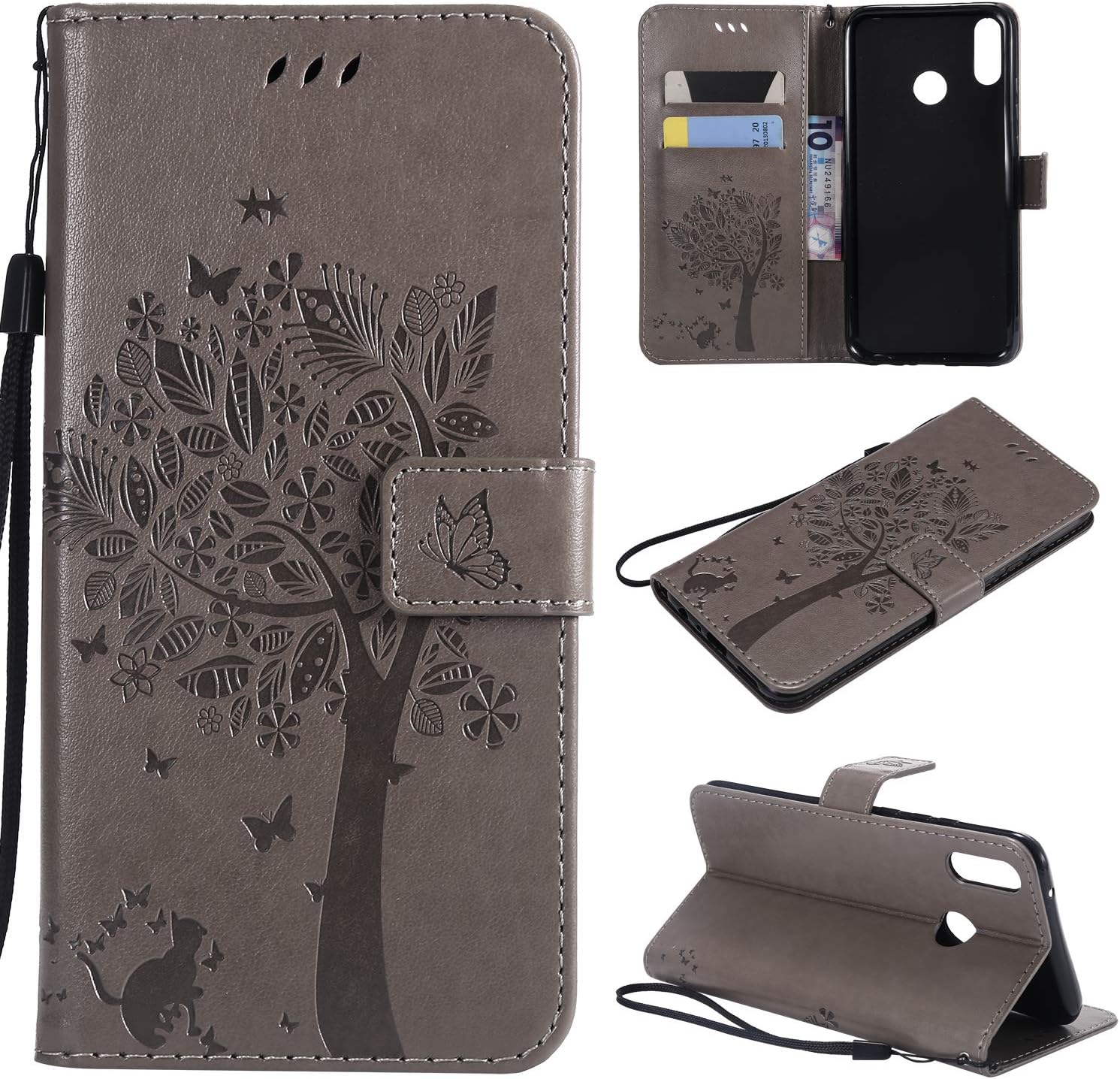 Cmid for Huawei Y9 2019 Case, PU Leather Wallet Case Flip Book Style Protective Cover [Card Slot][Magnetic Closure][Kickstand][Wrist Strap] for Huawei Y9 2019 (A-Gray)