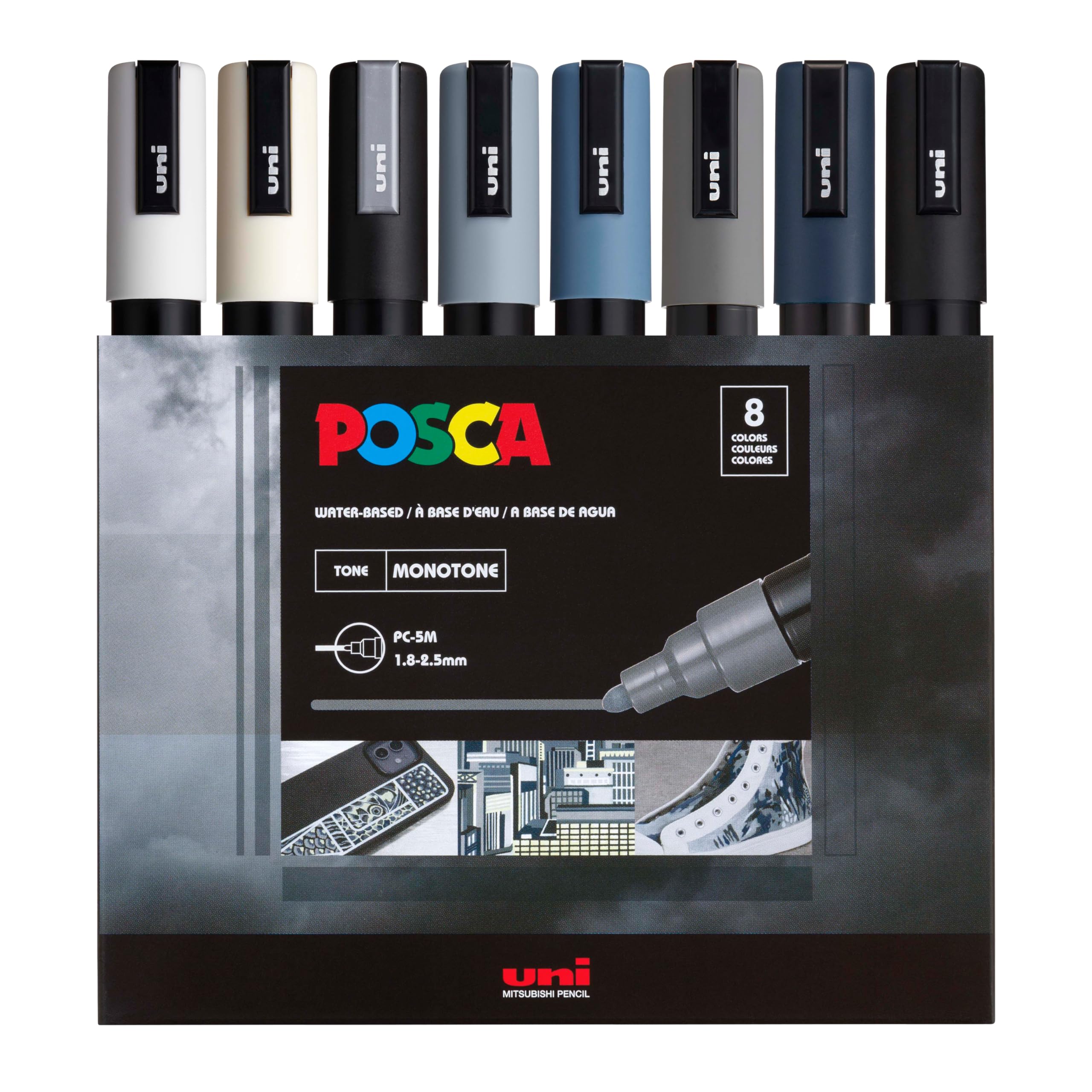 Photo 1 of posca Markers Set, 8 Medium Paint Markers 5M – Mono Tone – White, Ivory, Silver, Grey, Navy Blue, Black