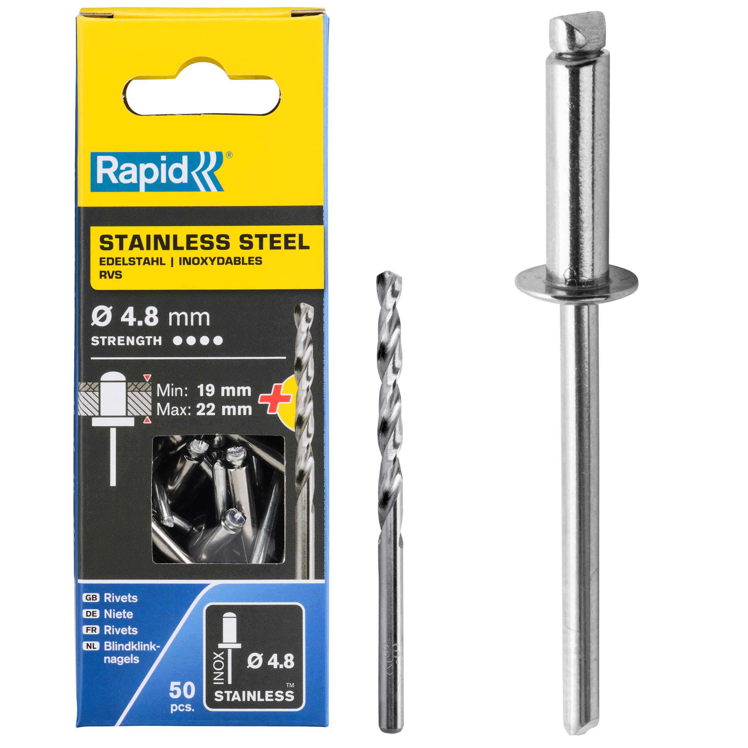 Rapid Rivets Stainless Steel Including Drill Bit, 4.8 x 25 mm, 5000398 - 50 Pieces, Silver/ Blue/ Clear