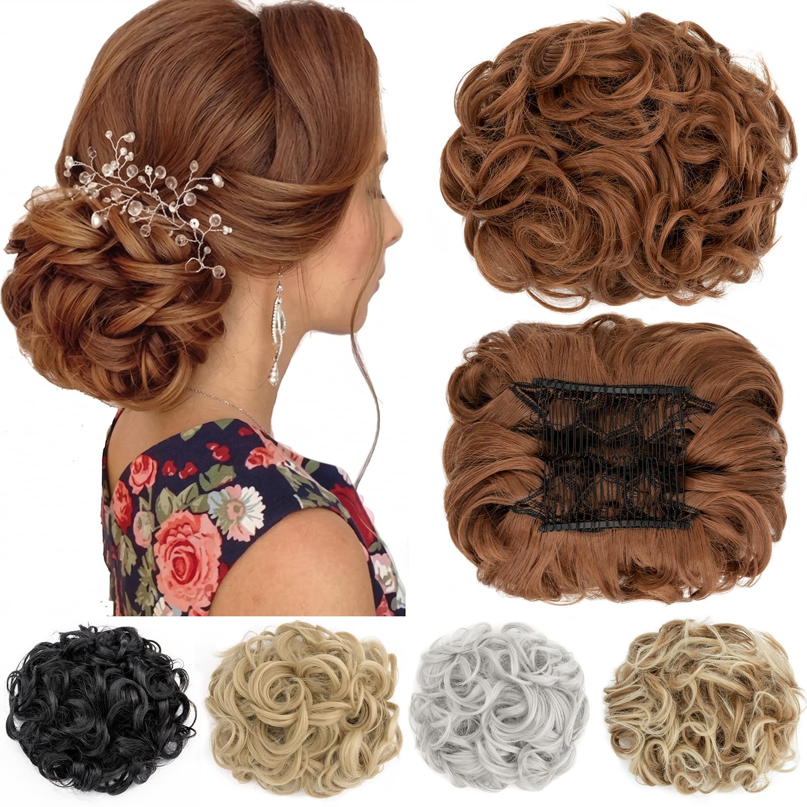 Short Messy Curly Dish Hair Bun Extension Easy Stretch hair Combs Clip in Ponytail Extension Scrunchie Chignon Tray Ponytail Hairpieces Light Auburn — image 1