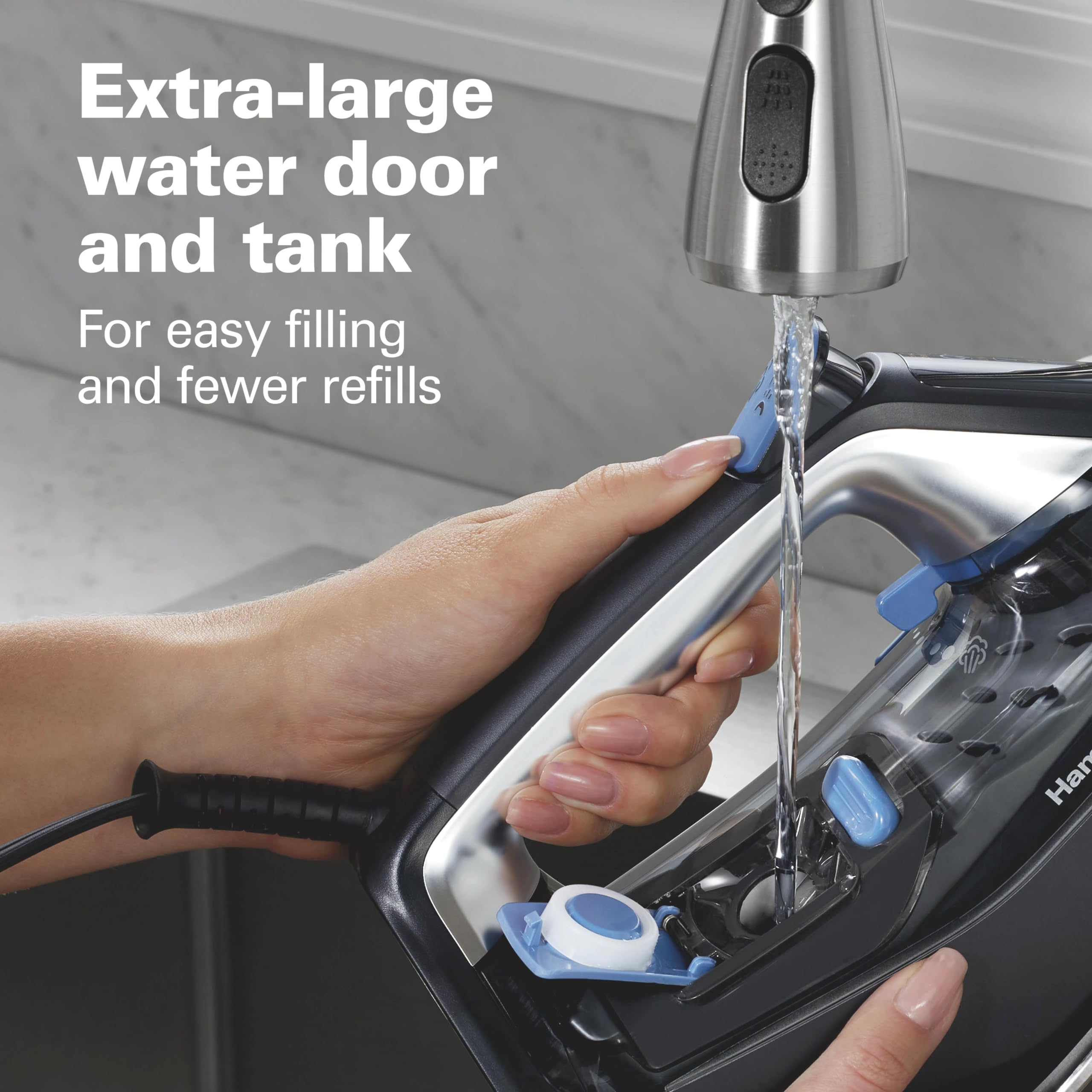 Hamilton Beach Steam Iron for Clothes & Garment Steamer with Intuitive FabricIQ Touchpad, Durable Stainless Steel Soleplate, 3-Way Auto Shutoff, 1800 Watts, 350ml Water Tank, 10' Cord, Black (14950)