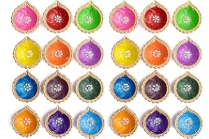 SATVIK STORE SATVIK 24 Pc Clay Diya Set with Assorted Shubh Labh Stickers | Natural Terracotta Oil Lamps for Diwali, Navratri, Pooja & Home Décor