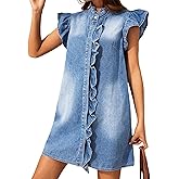 LifeShe Denim Dress for Women Button Down Shirt Dress Ruffle Sleeve Casual Blue Jean Short Mini Dresses for Summer